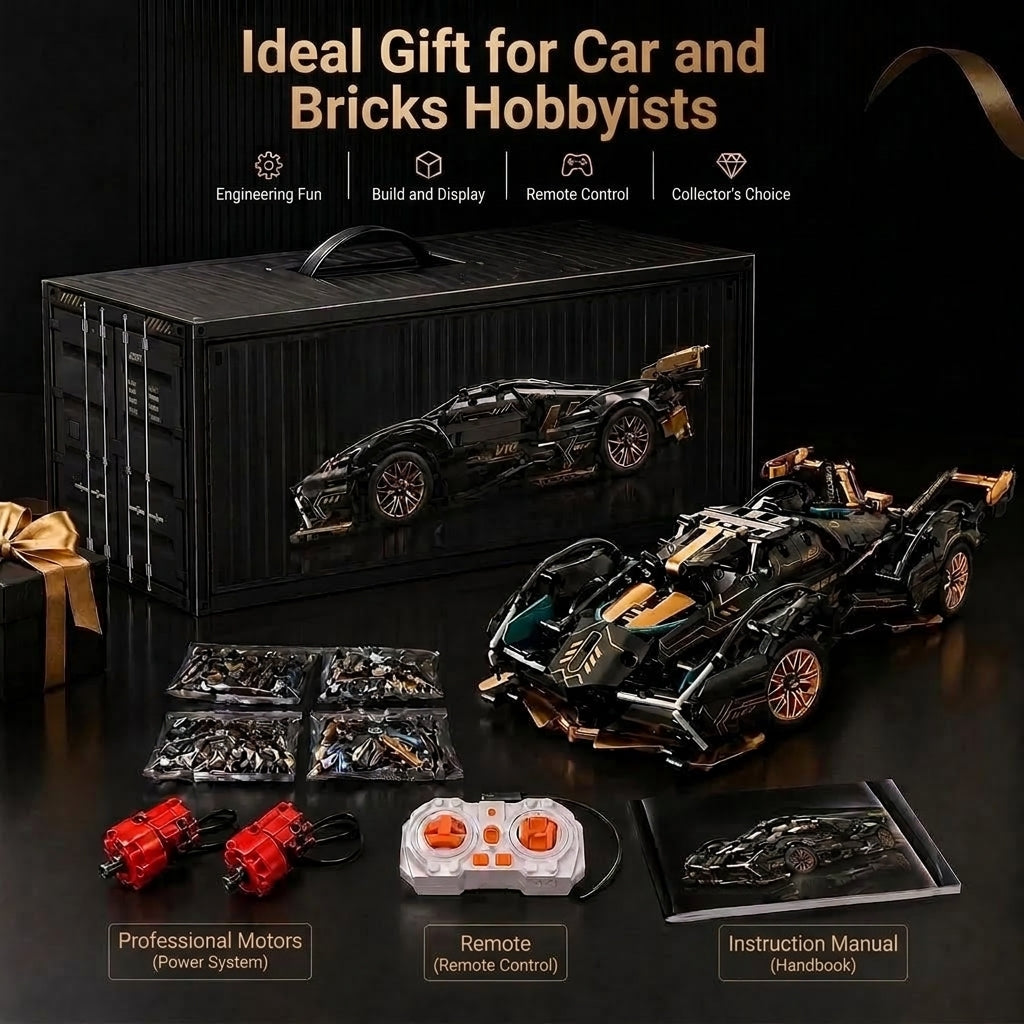 A V12 car model building kit featuring a storage case, remote control, motors, and an instruction manual on a black backdrop.