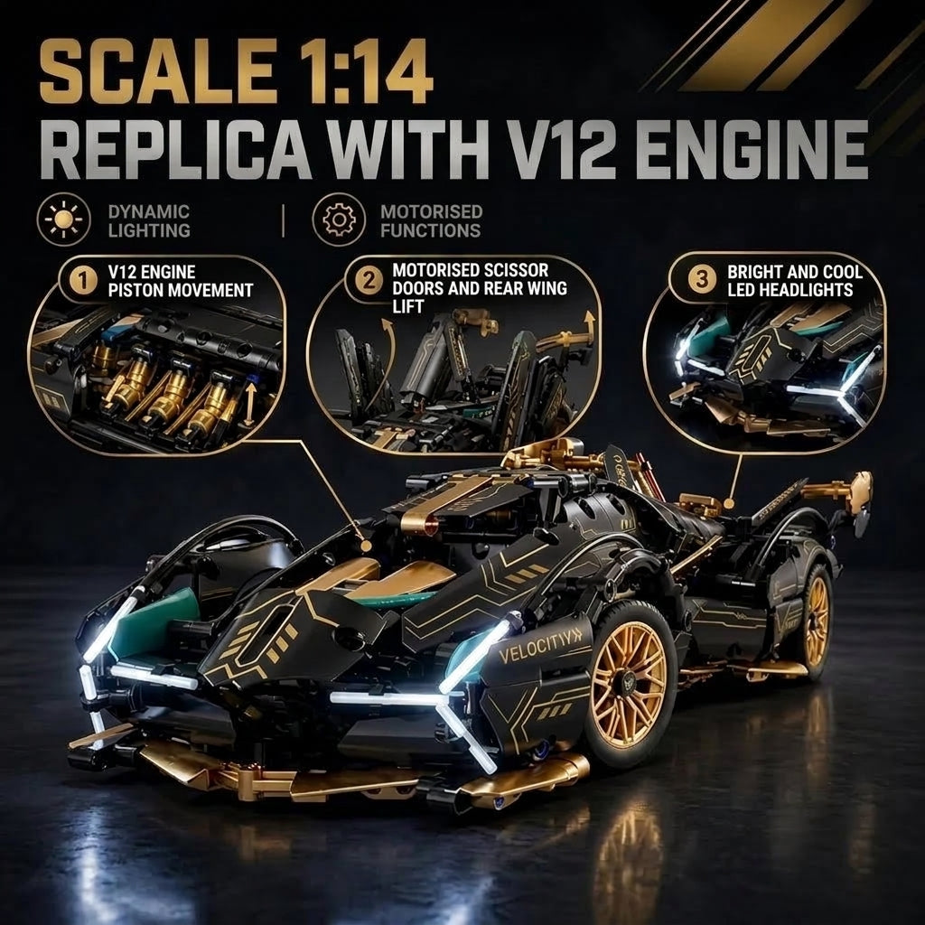 A black and gold V12 supercar model with scissor doors, LED headlights, and a detailed engine, shown with feature callouts.