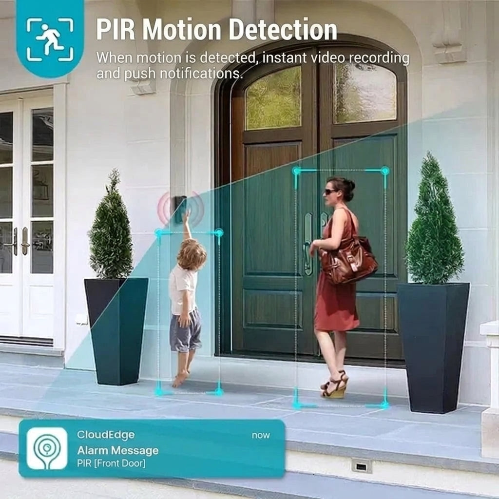 A video doorbell camera detecting a child and woman at the front door, showing a push notification on a smartphone screen.