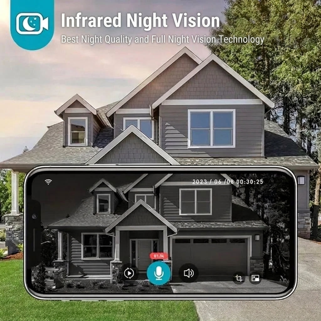A smartphone screen displaying a live night vision feed from a video doorbell camera showing a suburban house at night.