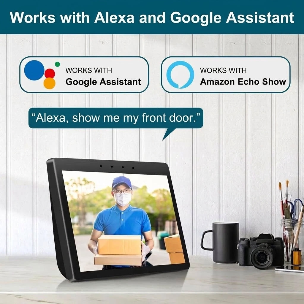 A video doorbell display showing a delivery person at the front door, with voice command text in Polish above the screen.