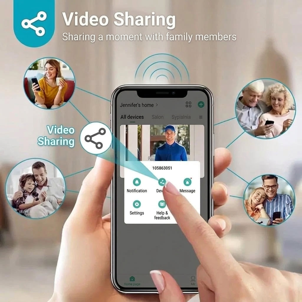 A hand holding a smartphone displaying a video doorbell app interface, showing how to share access with family members.