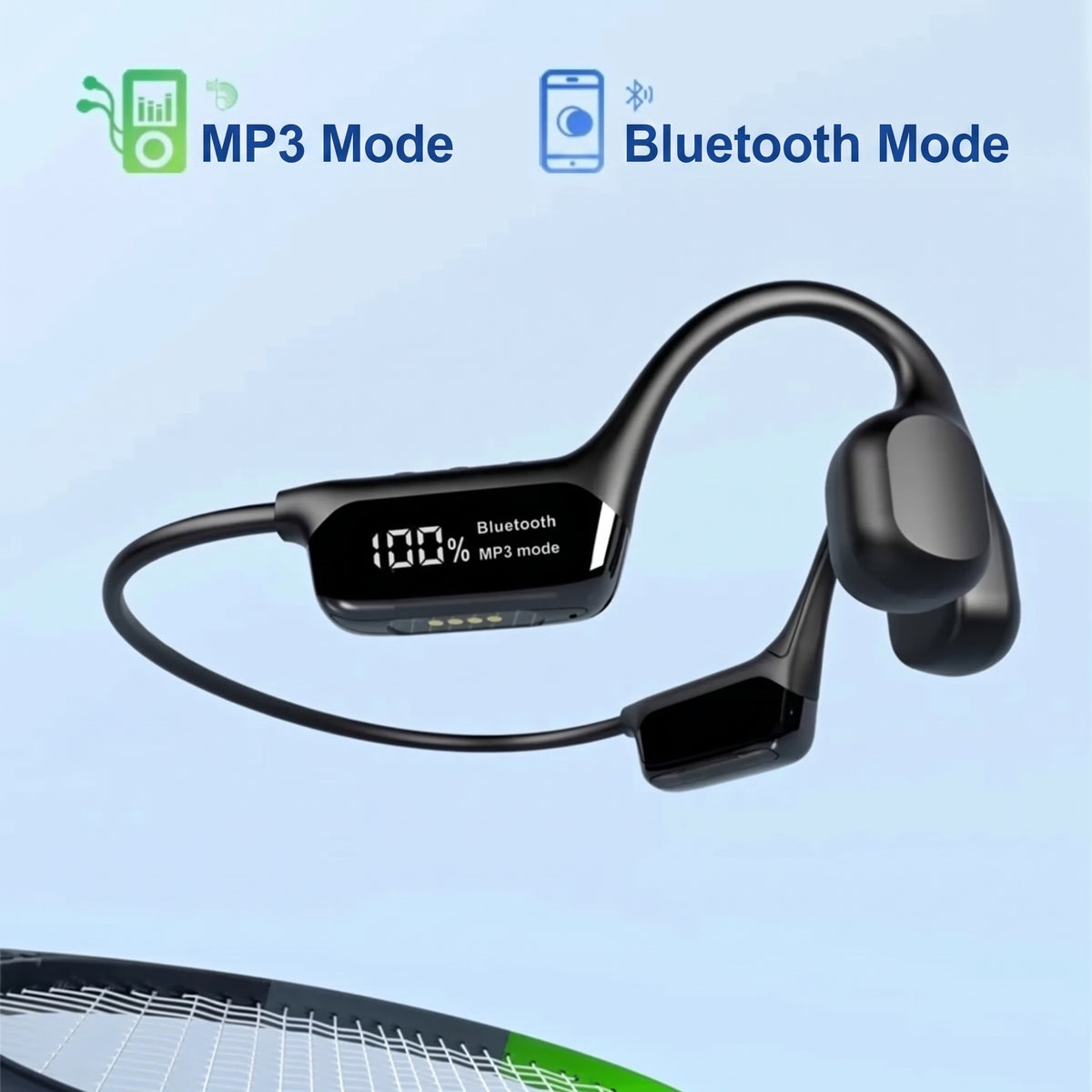 Black bone conduction swimming headphones with a digital display showing 100% battery and mode settings.