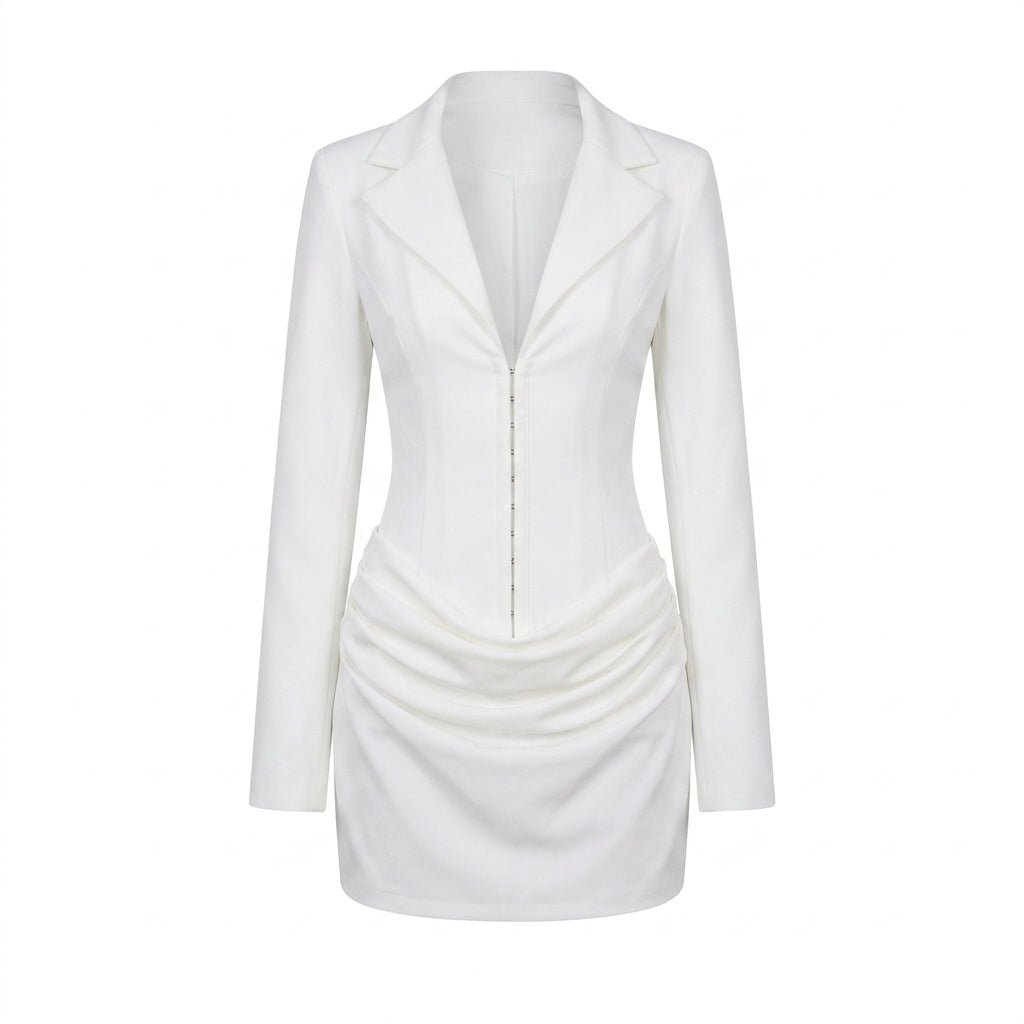 White Blazer Mini Dress – Tailored Fit with Draped Waist for Cocktail Parties - We are MFEO