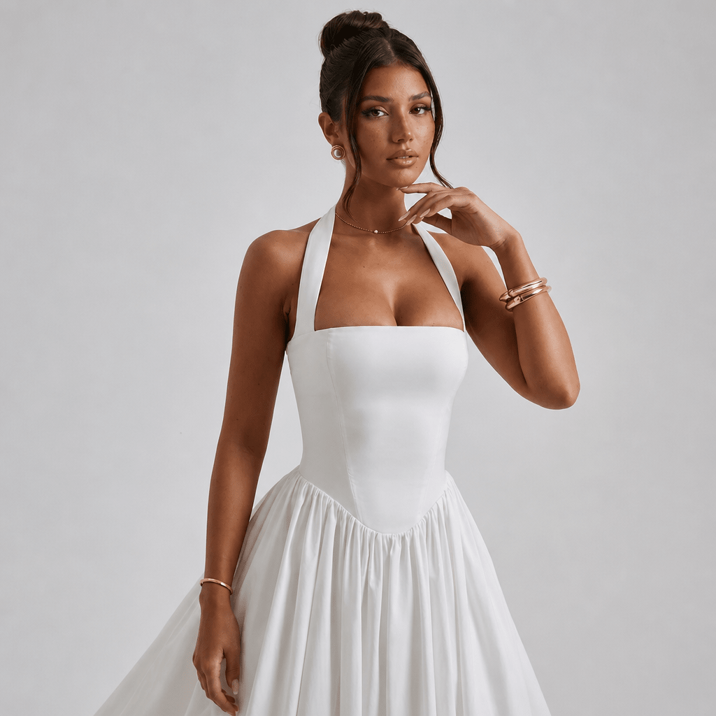 White Midi Dress – Halter Neckline, Structured Bodice for Summer Formal Events - We are MFEO