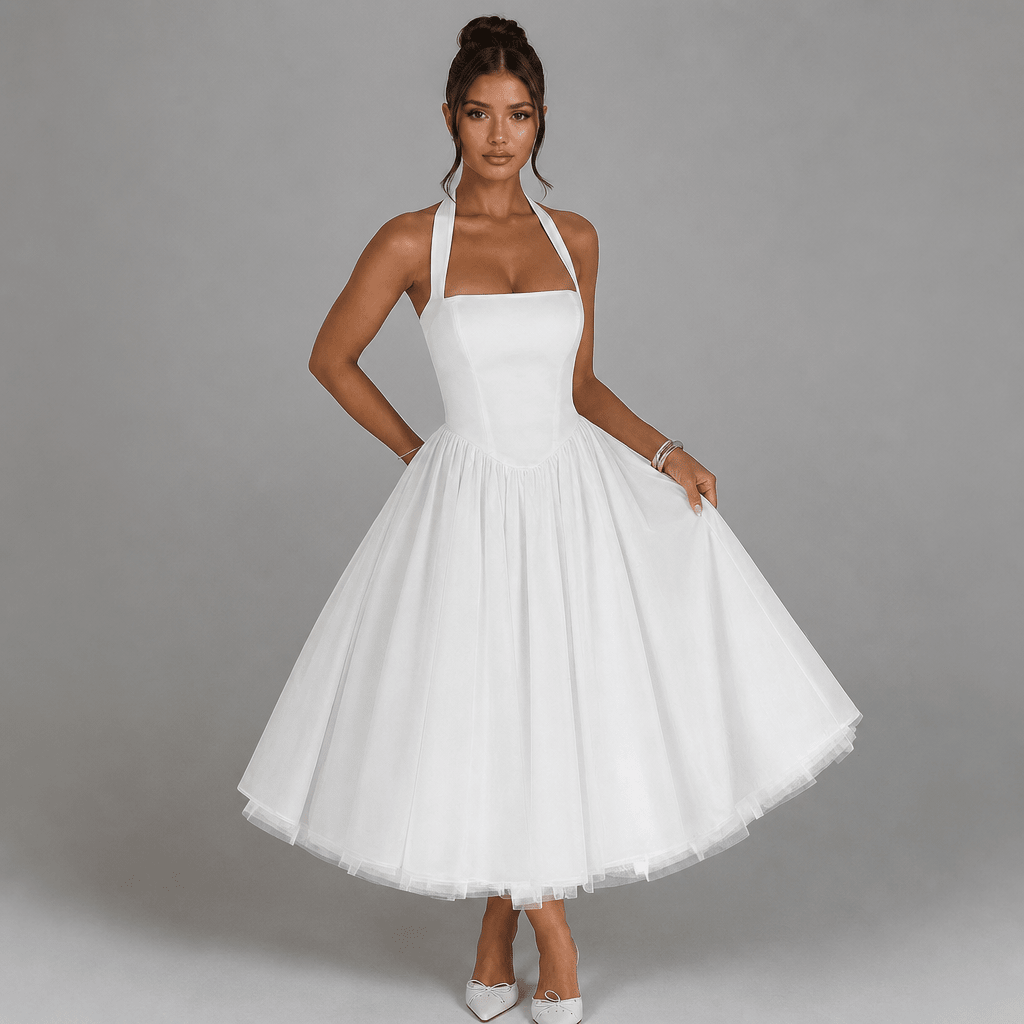 White Midi Dress – Halter Neckline, Structured Bodice for Summer Formal Events - We are MFEO