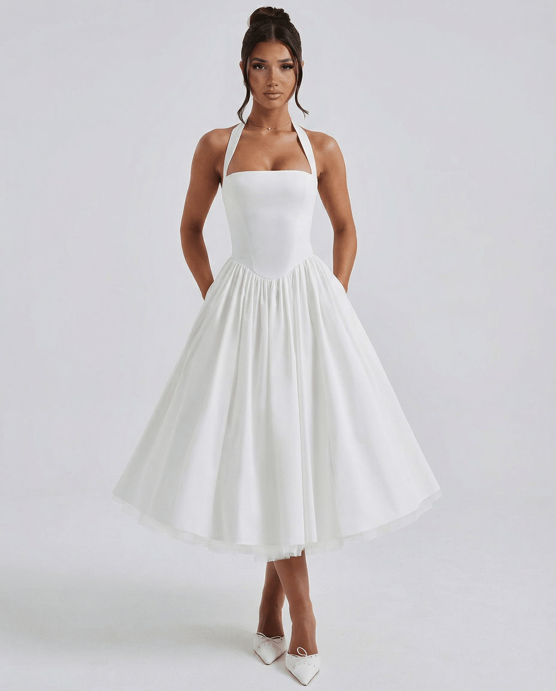 White Midi Dress – Halter Neckline, Structured Bodice for Summer Formal Events - We are MFEO