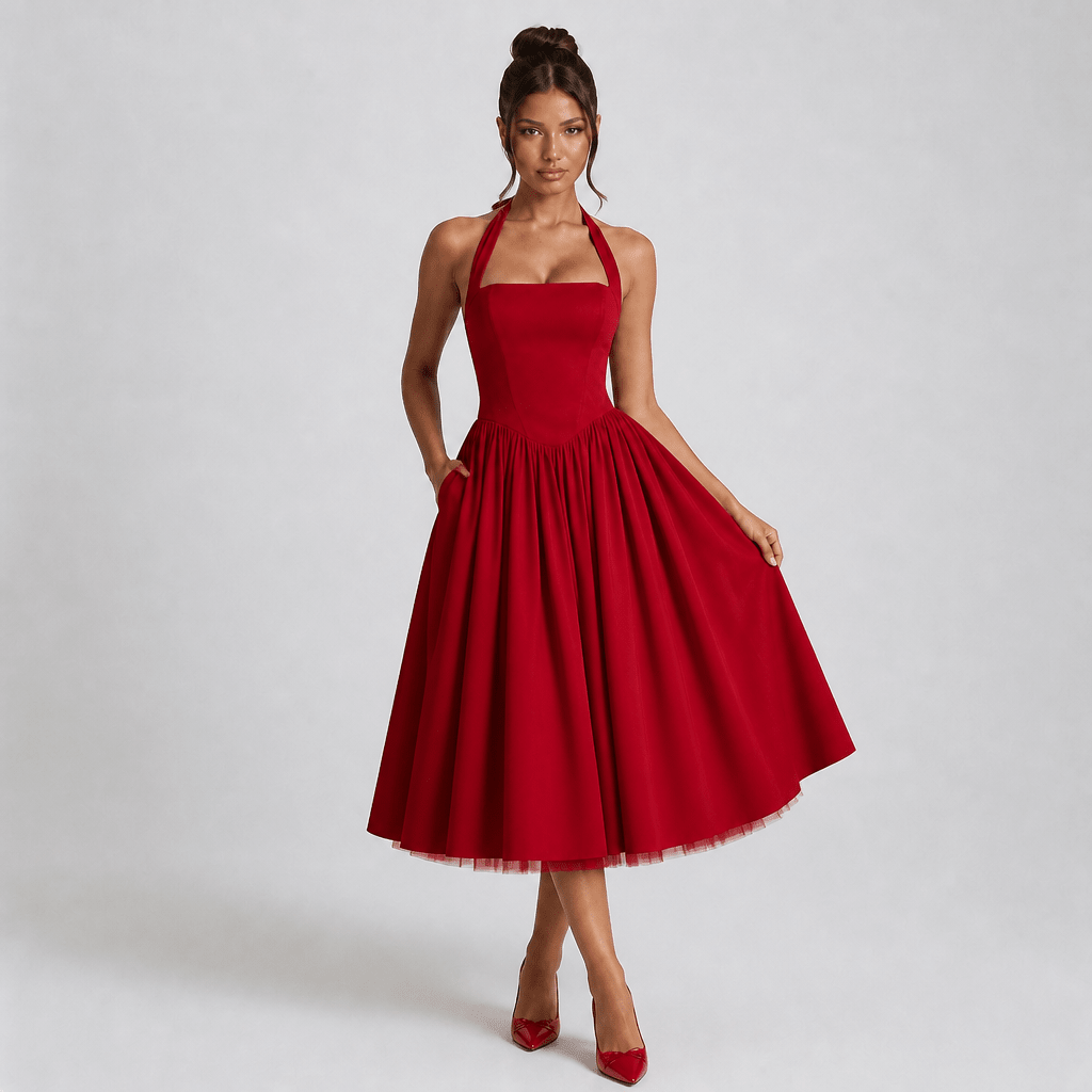 White Midi Dress – Halter Neckline, Structured Bodice for Summer Formal Events - We are MFEO