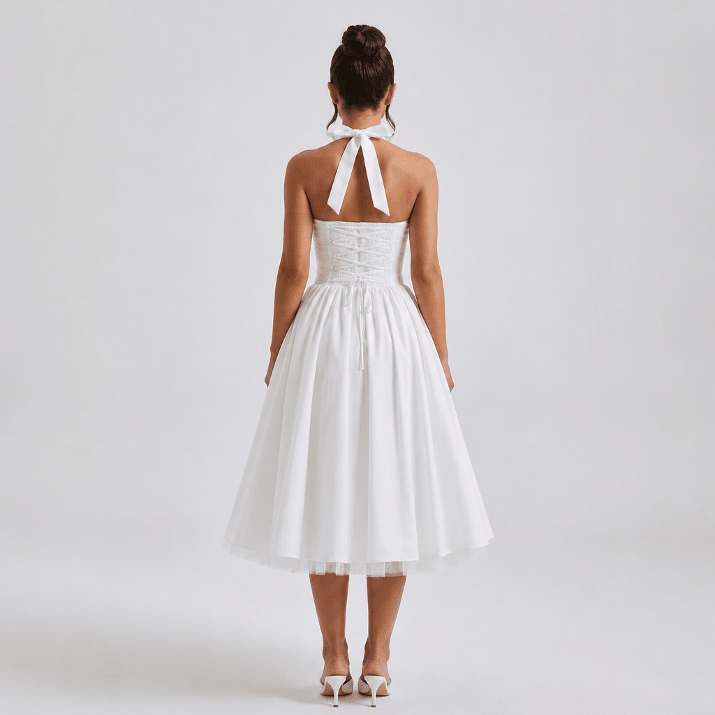 White Midi Dress – Halter Neckline, Structured Bodice for Summer Formal Events - We are MFEO