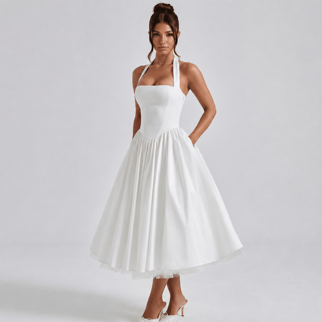 White Midi Dress – Halter Neckline, Structured Bodice for Summer Formal Events - We are MFEO