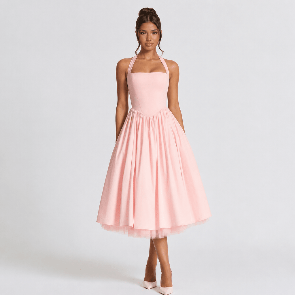 White Midi Dress – Halter Neckline, Structured Bodice for Summer Formal Events - We are MFEO