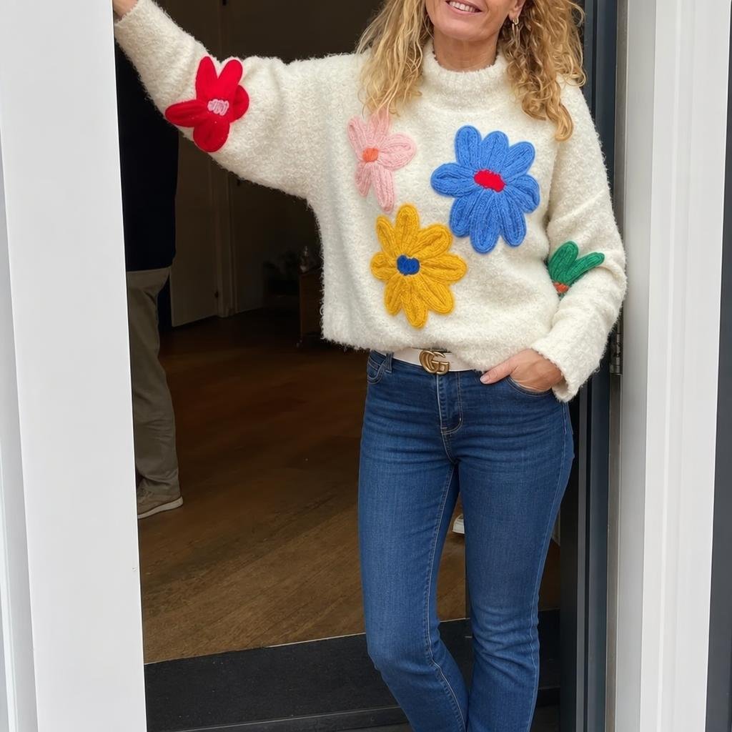 White Oversized Jumper for Women – Casual Knit with 3D Floral Appliqué Design - We are MFEO