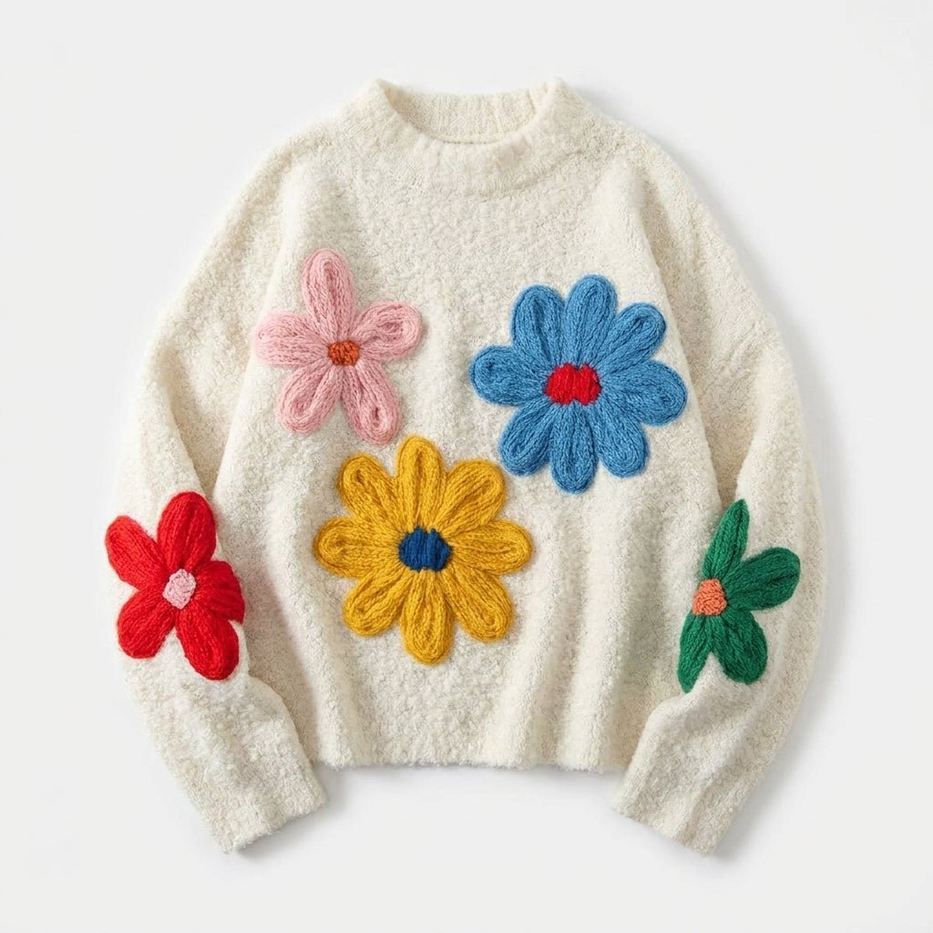 White Oversized Jumper for Women – Casual Knit with 3D Floral Appliqué Design - We are MFEO