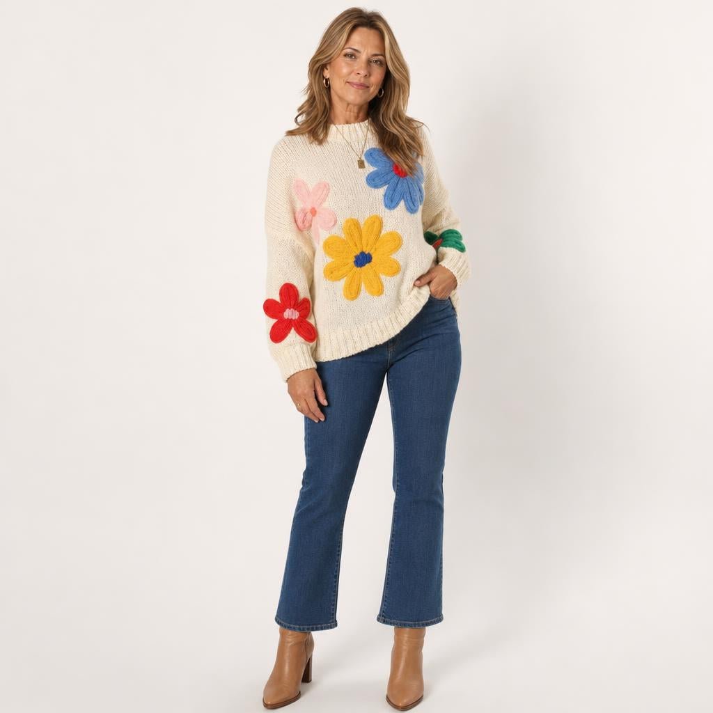 White Oversized Jumper for Women – Casual Knit with 3D Floral Appliqué Design - We are MFEO