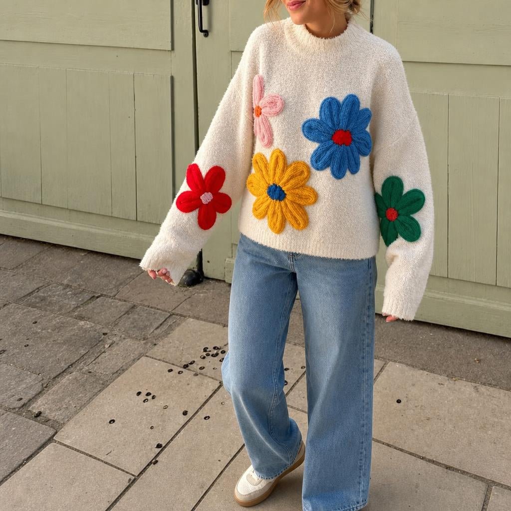 White Oversized Jumper for Women – Casual Knit with 3D Floral Appliqué Design - We are MFEO