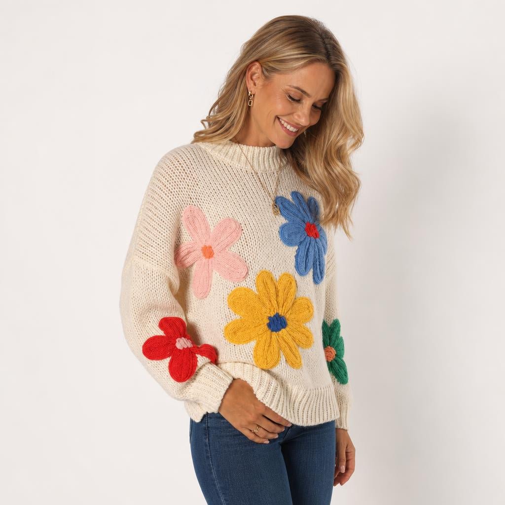 White Oversized Jumper for Women – Casual Knit with 3D Floral Appliqué Design - We are MFEO