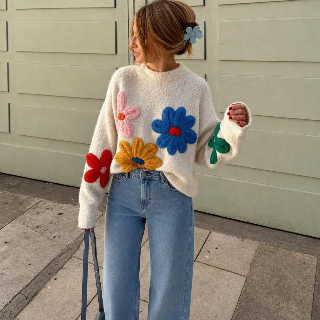 White Oversized Jumper for Women – Casual Knit with 3D Floral Appliqué Design - We are MFEO