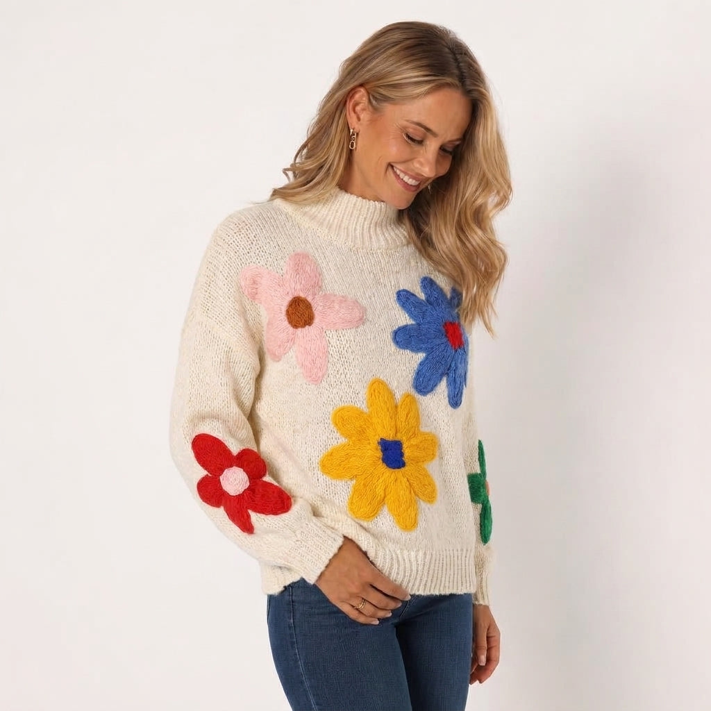White Oversized Jumper for Women – Casual Knit with 3D Floral Appliqué Design 5