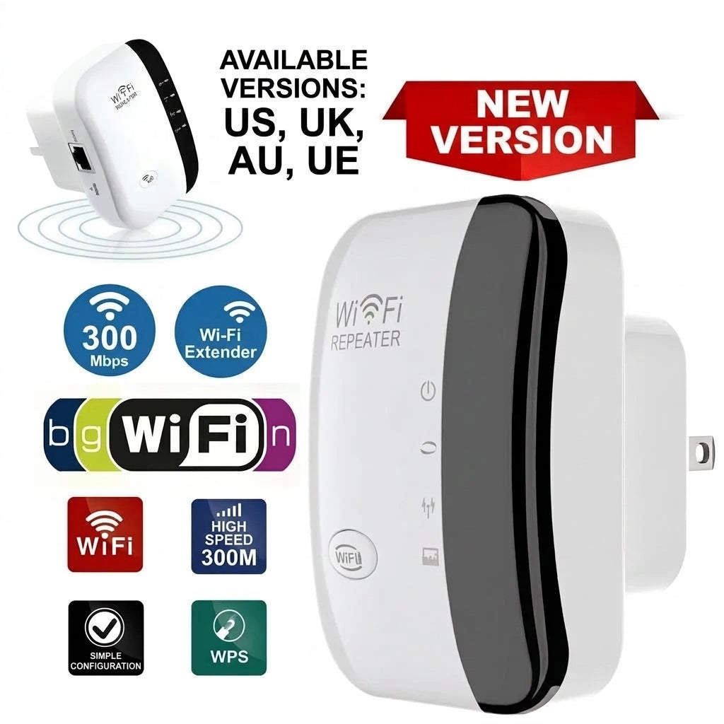 A white Wi-Fi repeater device shown with its features, including 300 Mbps speed, WPS support, and simple configuration.
