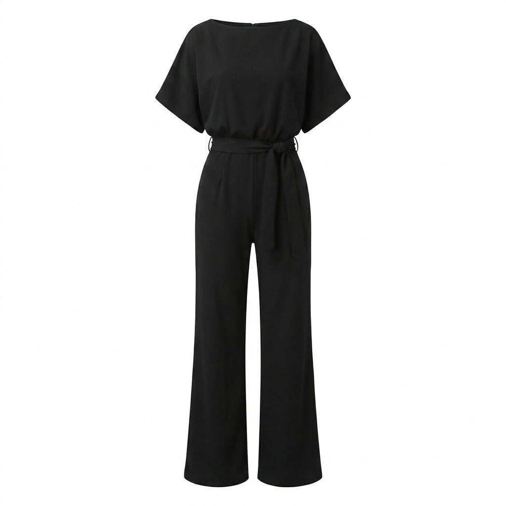 Wide Leg Jumpsuit with Draped Neckline and Waist Tie – Relaxed Fit for Events - We are MFEO