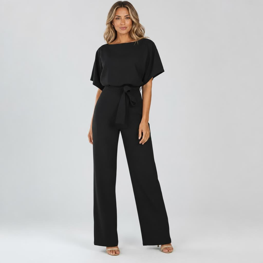 Wide Leg Jumpsuit with Draped Neckline and Waist Tie – Relaxed Fit for Events 9