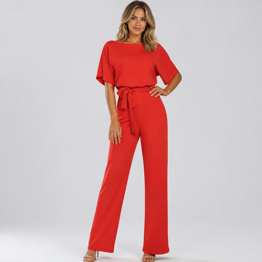 Wide Leg Jumpsuit with Draped Neckline and Waist Tie – Relaxed Fit for Events 13
