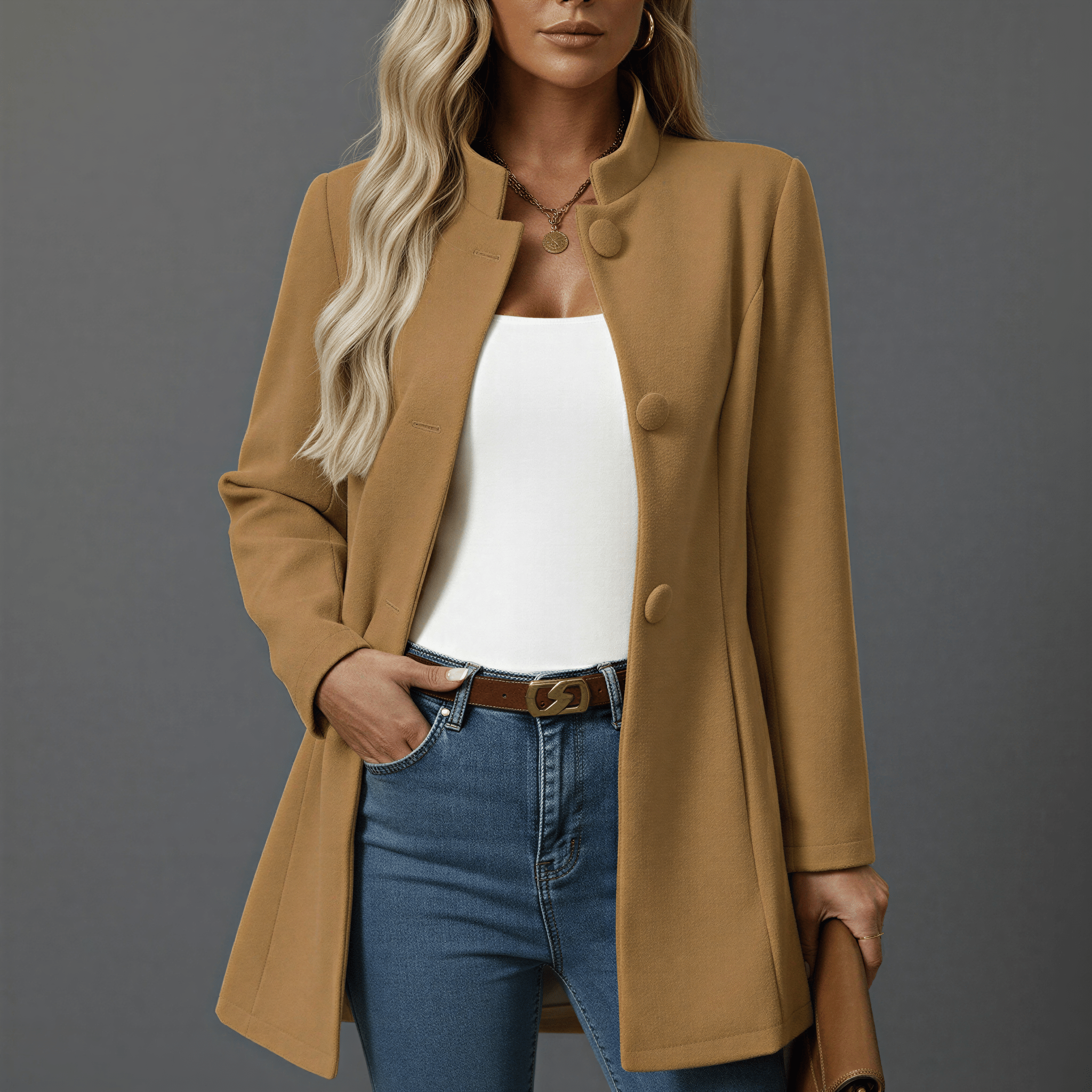 Women's A-Line Winter Coat with Button Front – Stand Collar, Mid-Length for Cold Weather - We are MFEO