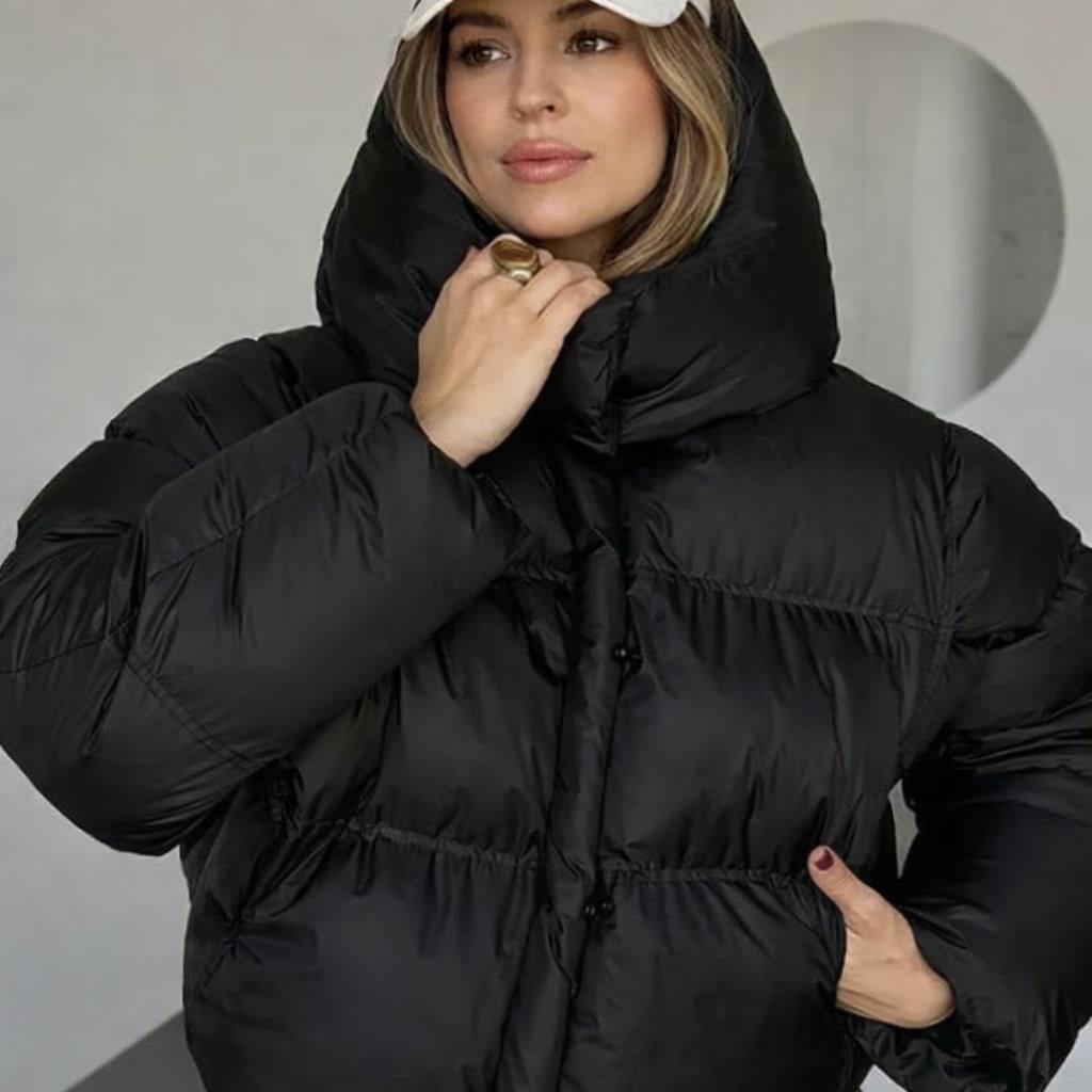 Women's Black Puffer Jacket – Cropped Quilted Design with Hood - We are MFEO