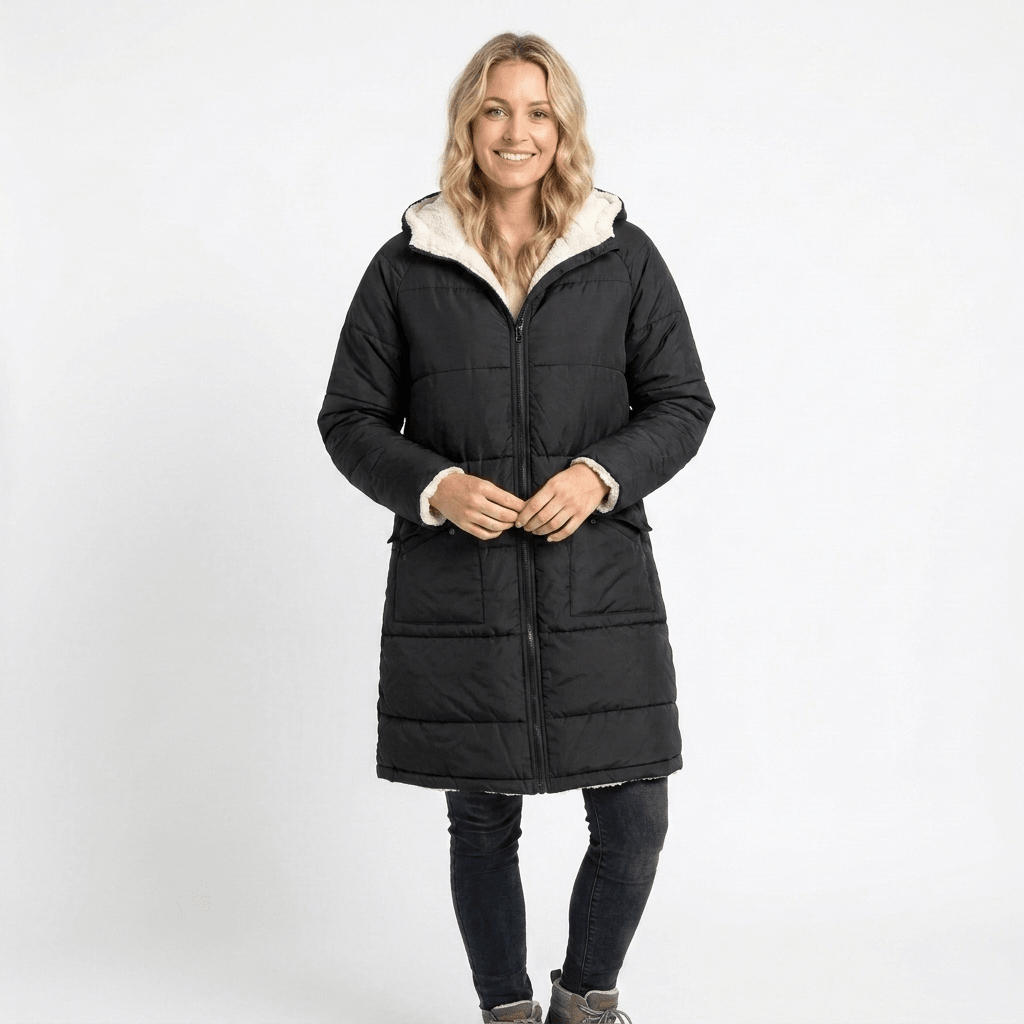 Women's Black Puffer Jacket – Long Quilted Coat with Hood - We are MFEO