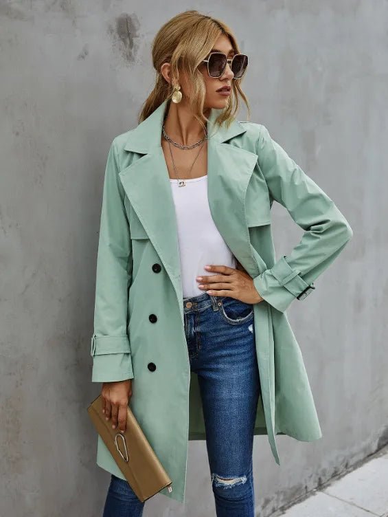 Women's Black Trench Coat – Double-Breasted with Self-Tie Belt - We are MFEO
