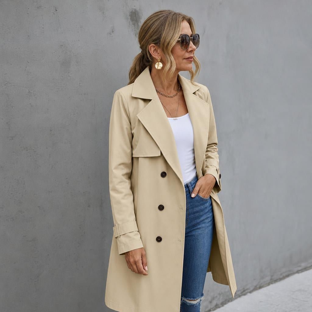 Women's Black Trench Coat – Double-Breasted with Self-Tie Belt - We are MFEO