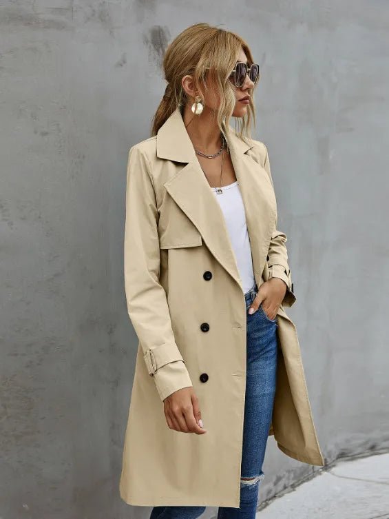 Women's Black Trench Coat – Double-Breasted with Self-Tie Belt - We are MFEO