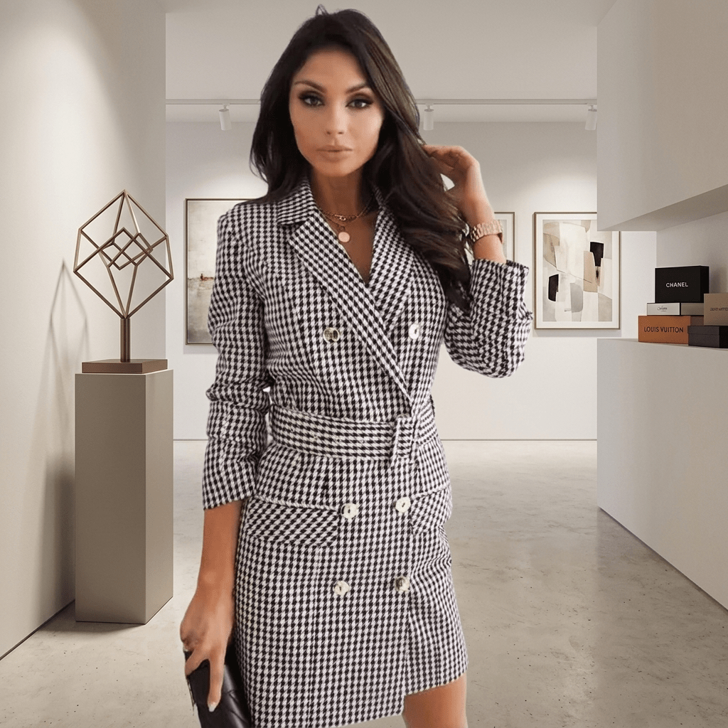 Women's Blazer Dress – Plaid Mini Dress with Belted Waist - We are MFEO