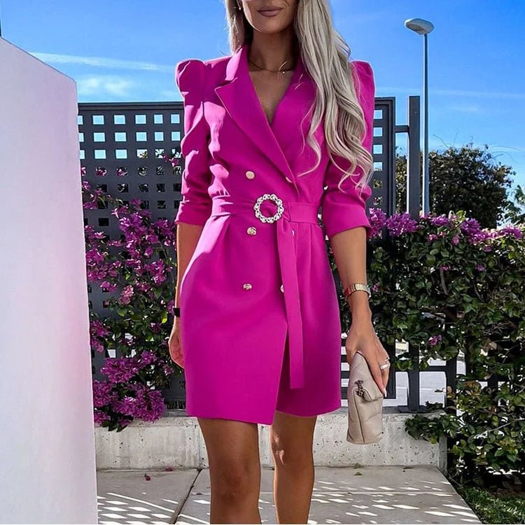Women's Blazer Dress with Buckle Belt and Double Breasted Design - We are MFEO