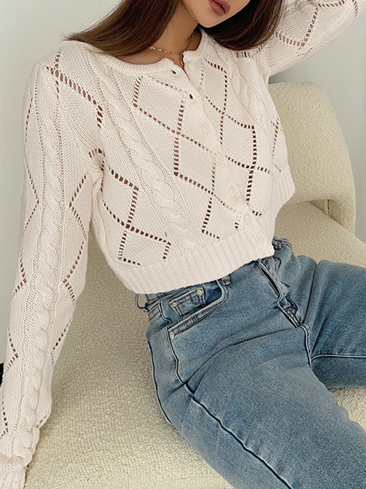Women's Blouse with Diamond Eyelet Design – Relaxed Fit Button-Up Top - We are MFEO