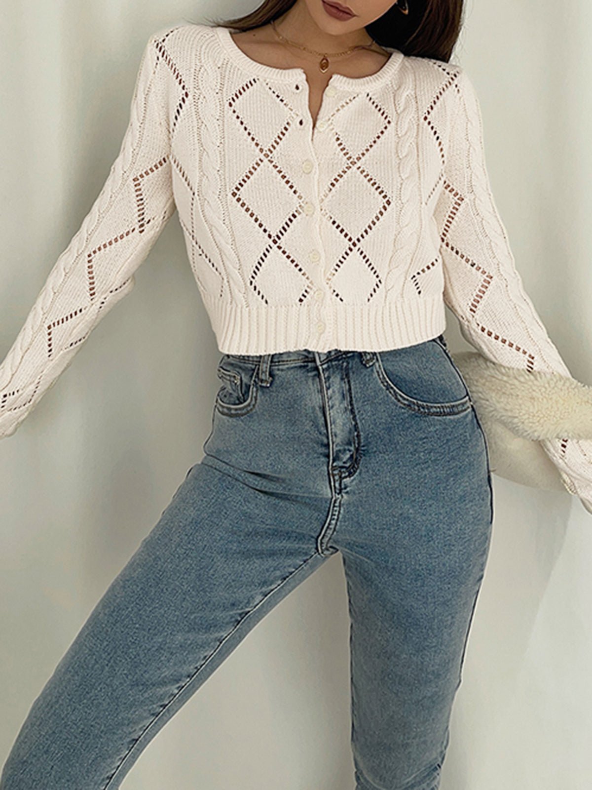Women's Blouse with Diamond Eyelet Design – Relaxed Fit Button-Up Top - We are MFEO