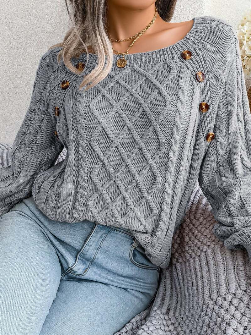 Women's Cable Knit Sweater with Button Trim – Square Neckline - We are MFEO