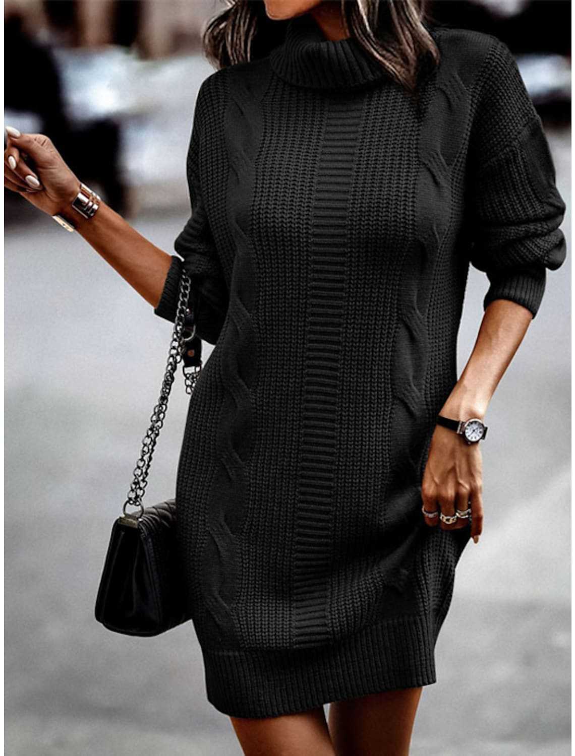 Women's Cable Knit Turtle Neck Dress – Long Sleeve Mini Sweater Dress - We are MFEO