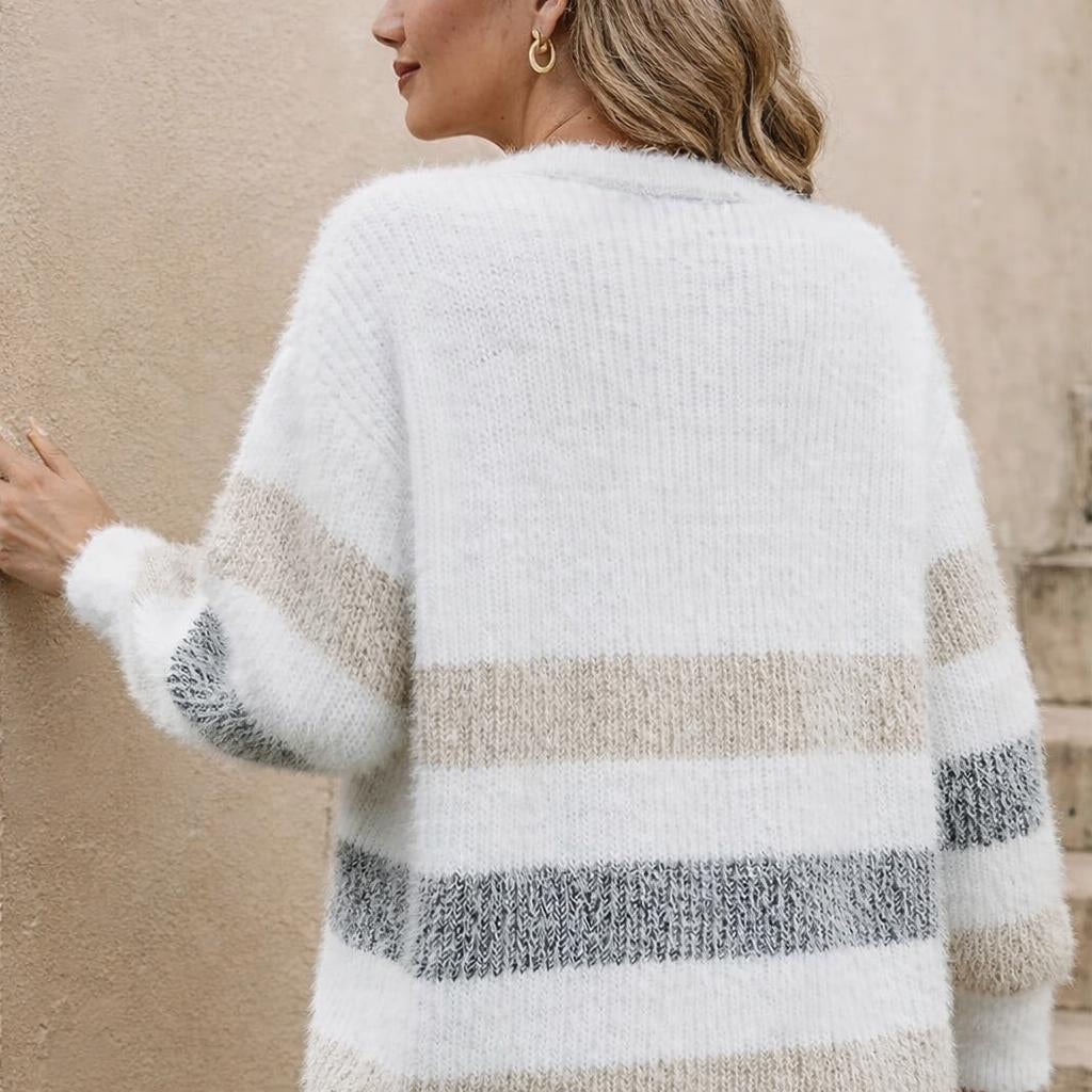 Women's Cardigan - Button-Up Knit Layer with Volume Sleeves and Colour Block Stripes - We are MFEO