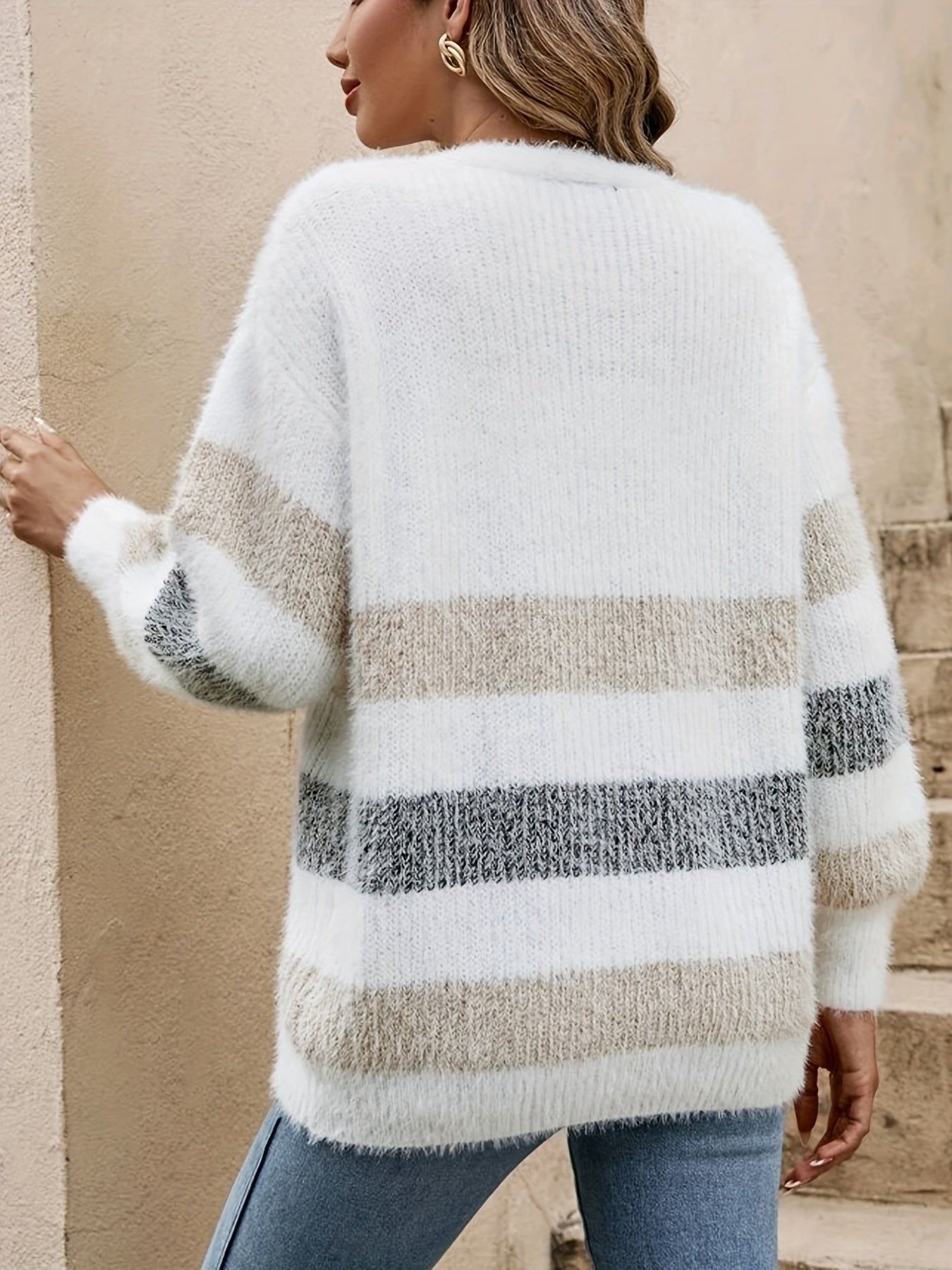 Women's Cardigan - Button-Up Knit Layer with Volume Sleeves and Colour Block Stripes - We are MFEO