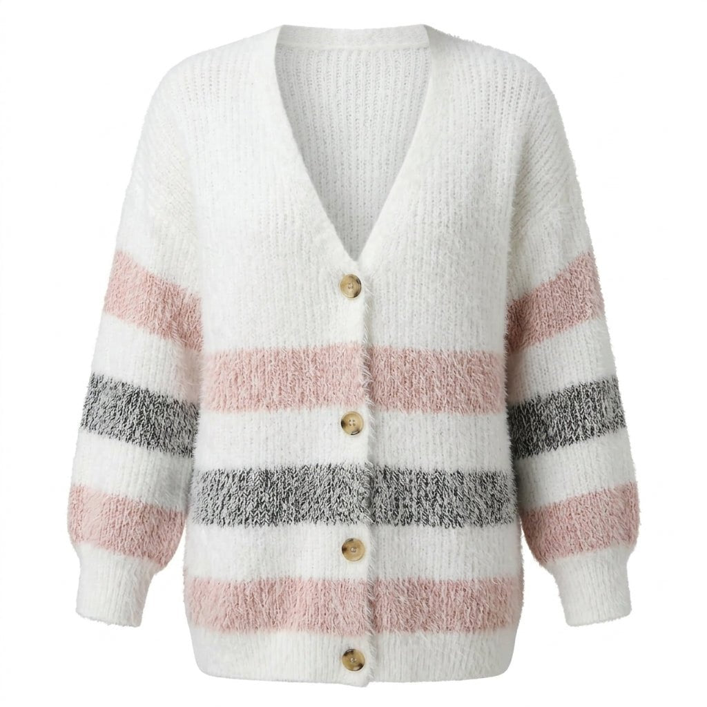 Women's Cardigan - Button-Up Knit Layer with Volume Sleeves and Colour Block Stripes - We are MFEO