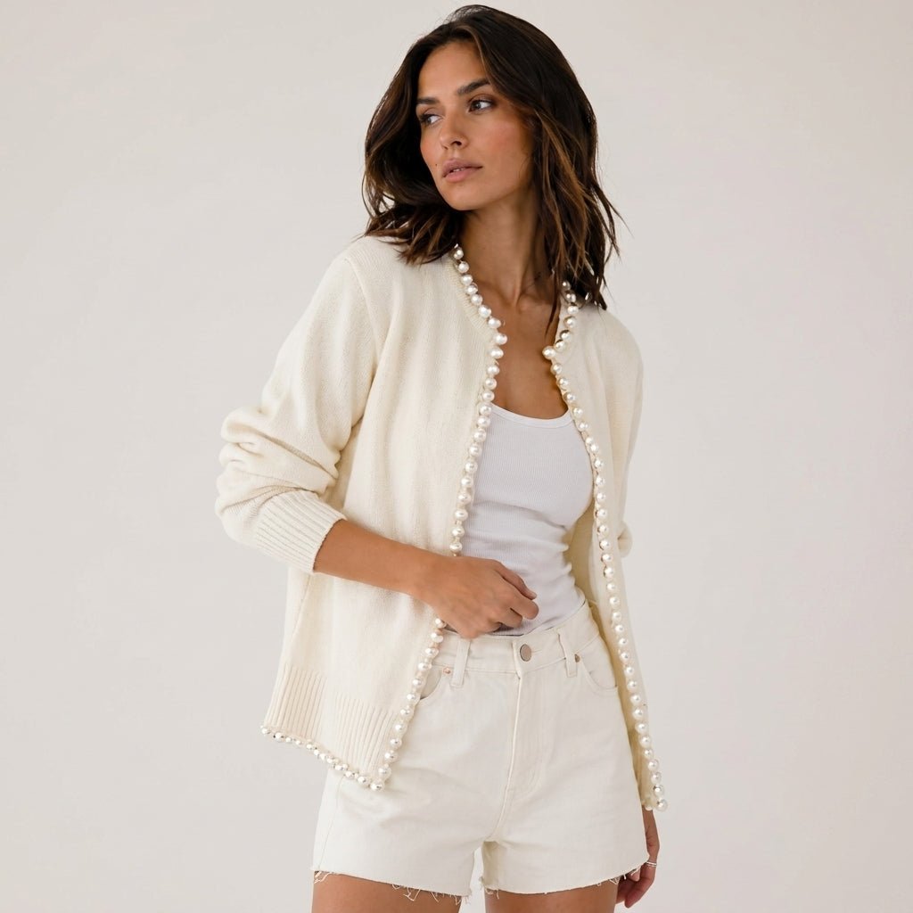 Women's Cardigan with Pearl Trim – Regular Fit Knit Cardigan for Everyday Style - We are MFEO