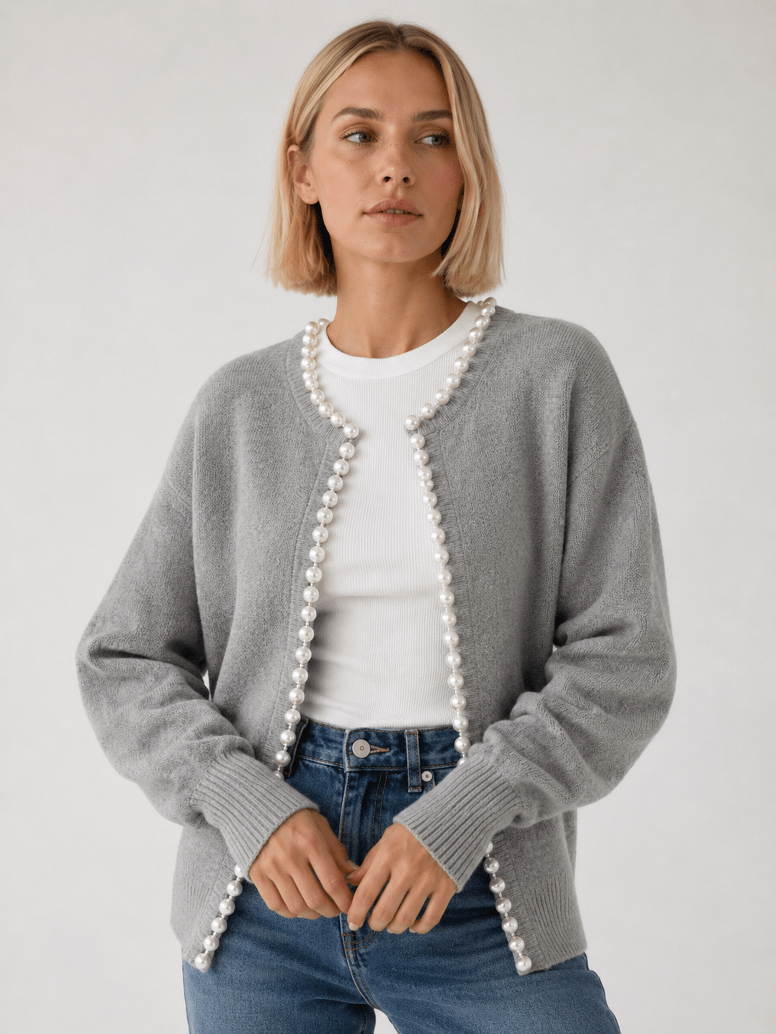 Women's Cardigan with Pearl Trim – Regular Fit Knit Cardigan for Everyday Style - We are MFEO