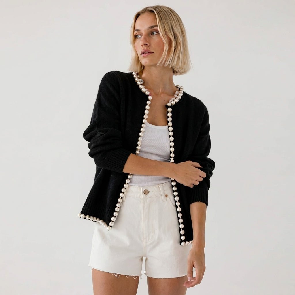 Women's Cardigan with Pearl Trim – Regular Fit Knit Cardigan for Everyday Style - We are MFEO