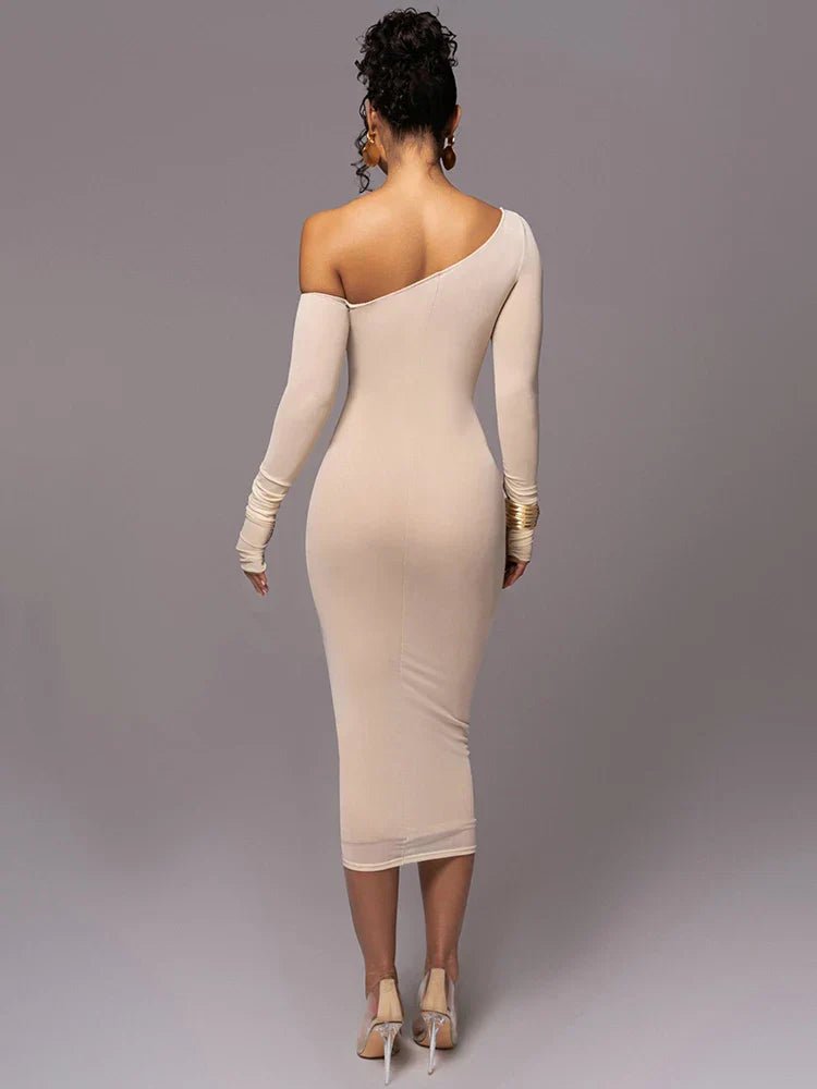 Women's Cocktail Dress – Ruched Midi with One Shoulder and Long Sleeves - We are MFEO