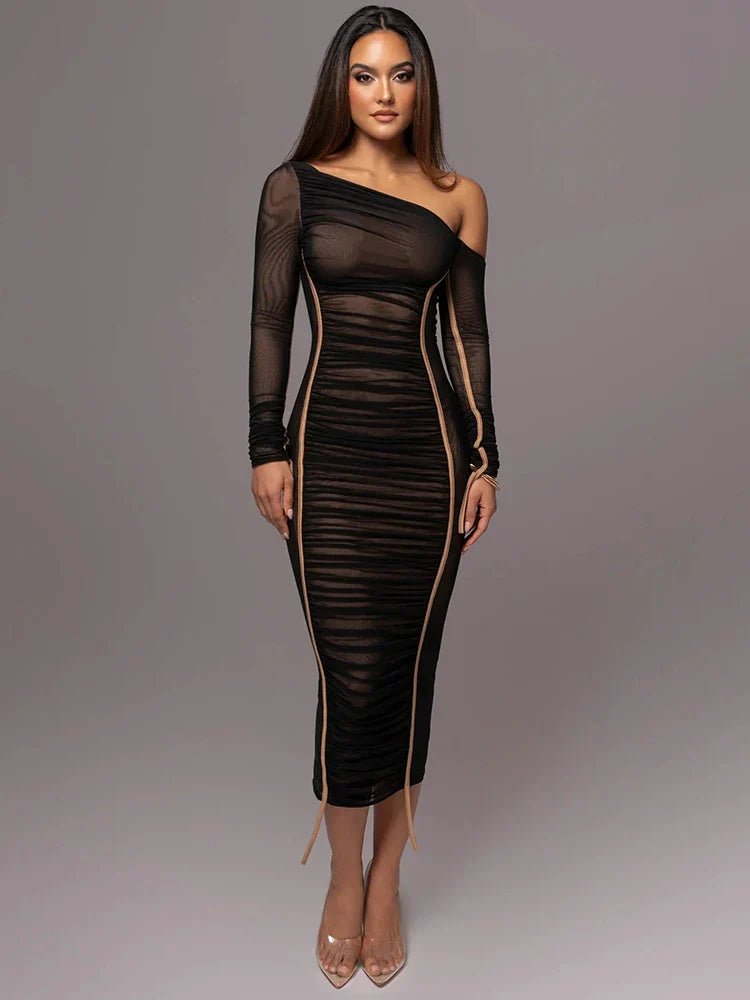 Women's Cocktail Dress – Ruched Midi with One Shoulder and Long Sleeves - We are MFEO