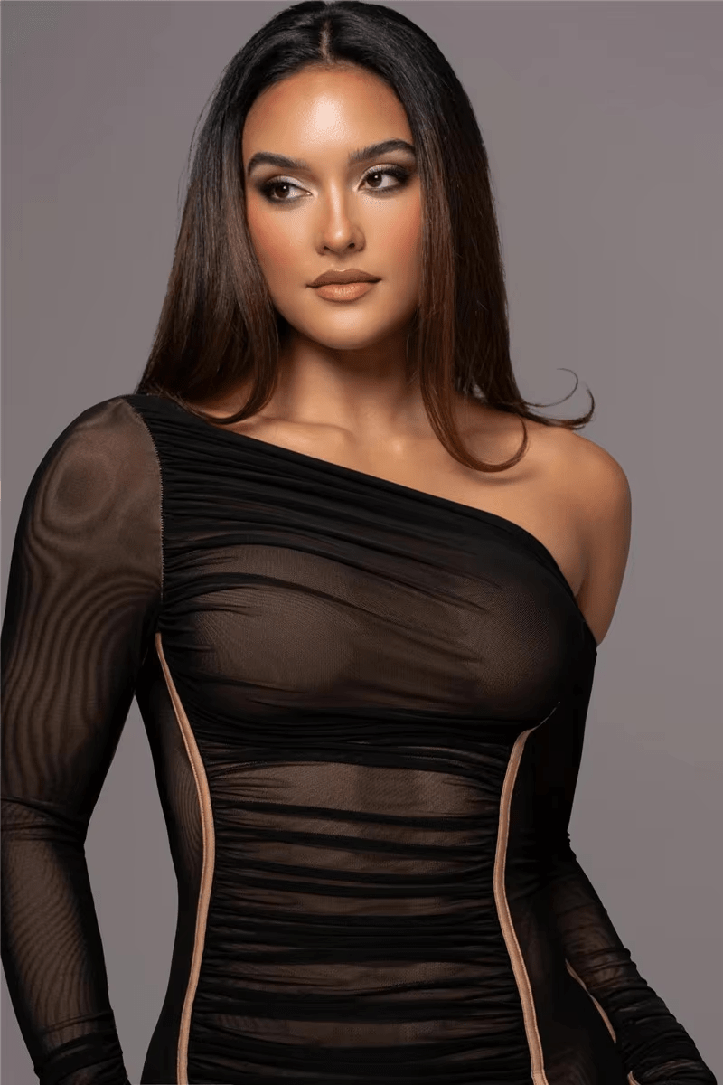 Women's Cocktail Dress – Ruched Midi with One Shoulder and Long Sleeves - We are MFEO