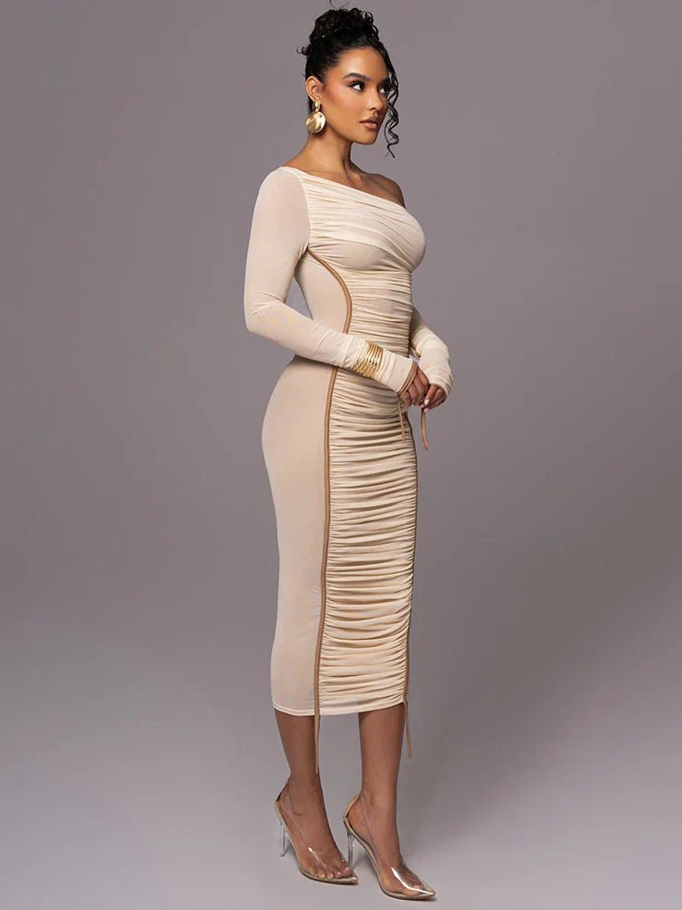 Women's Cocktail Dress – Ruched Midi with One Shoulder and Long Sleeves - We are MFEO