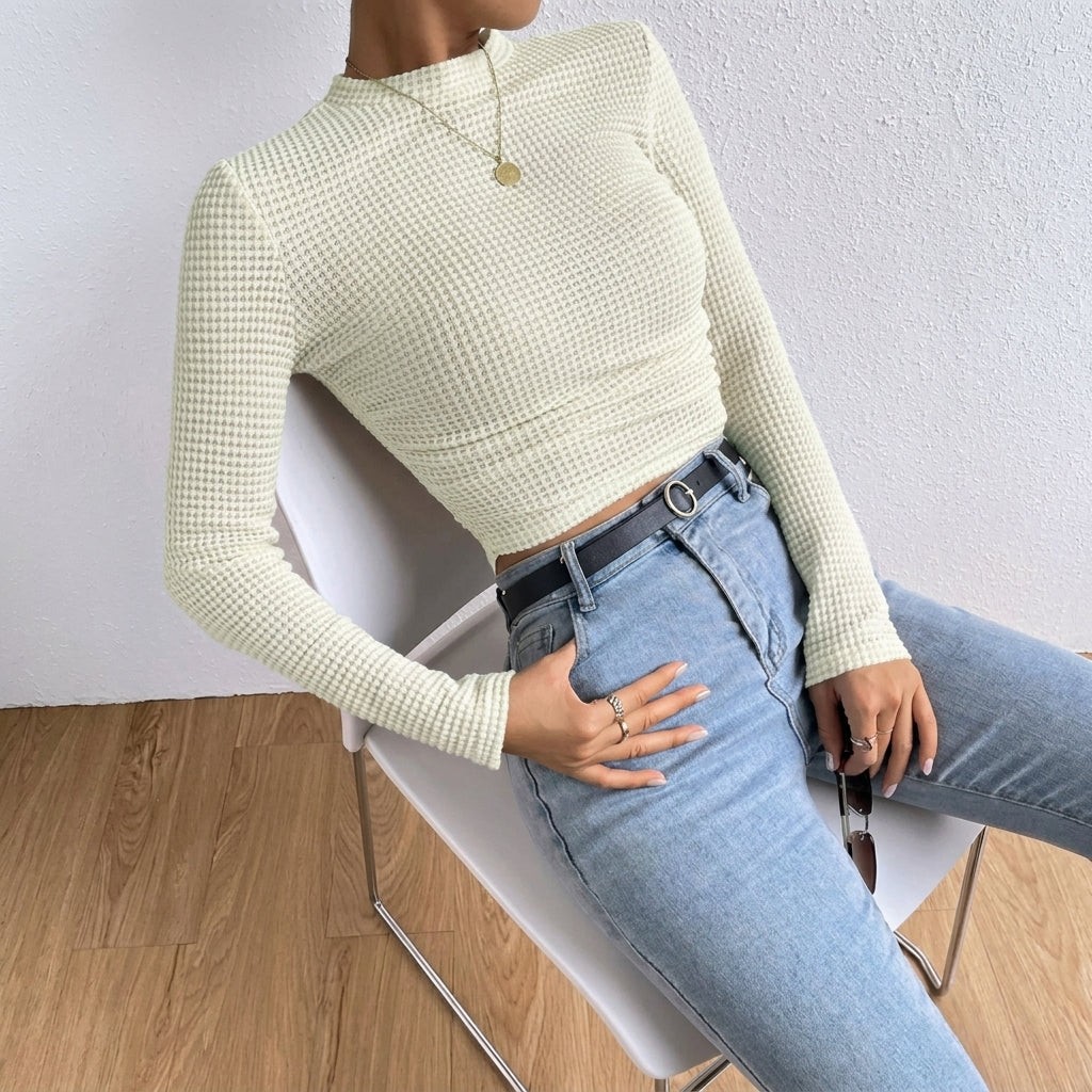 Women's Crop Top – Fitted Waffle Knit Long Sleeve 8