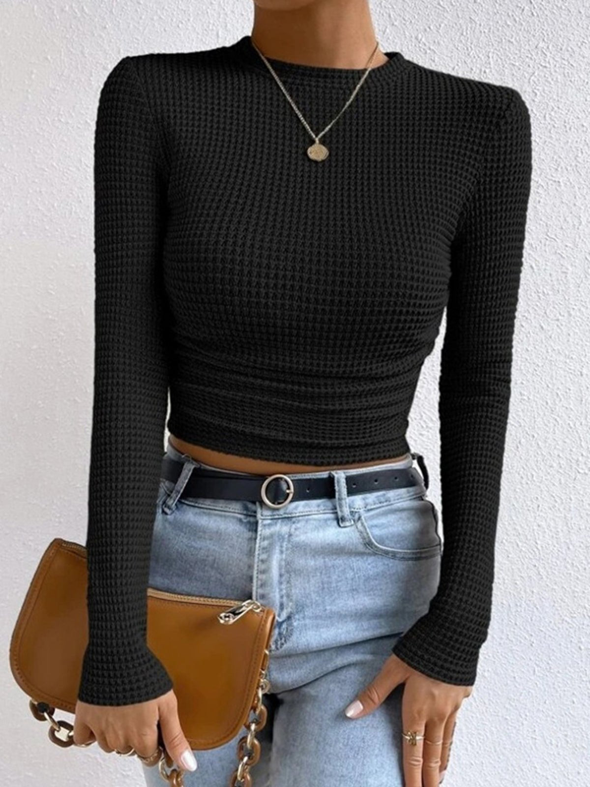 Women's Crop Top – Fitted Waffle Knit Long Sleeve - We are MFEO